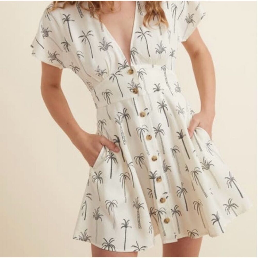 Marine Layer Camila Mini Dress White Palm Print Size S - Picture 3 of 12